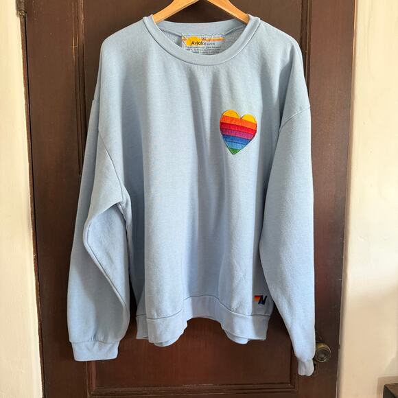 AVIATOR NATION | Women's Rainbow Heart Stitch Ice Blue Crewneck Sweatshirt | XL - Picture 2 of 6